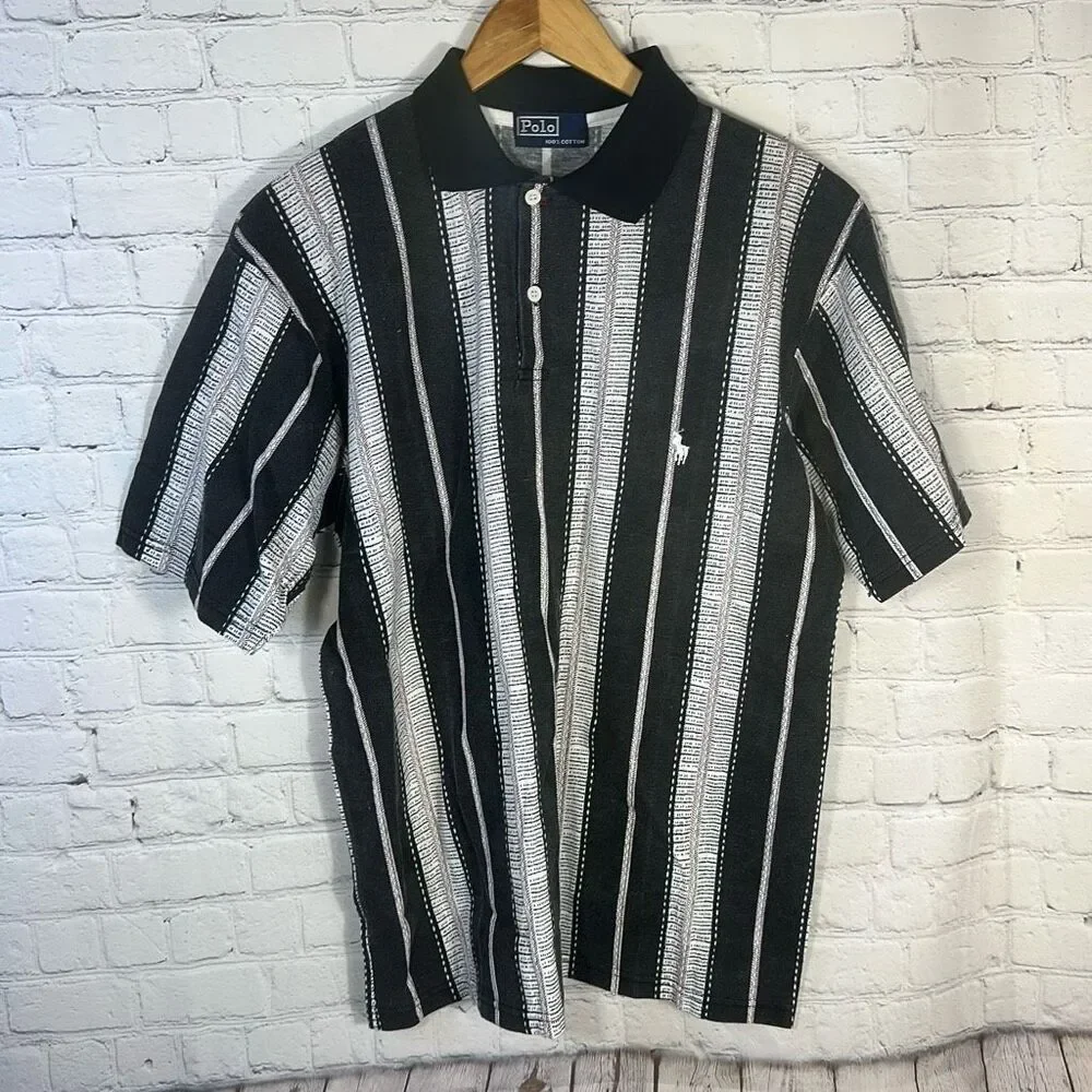 Vintage Polo Ralph Lauren Polo Shirt XL Striped‎ Black 100% Cotton READ DESCRIP